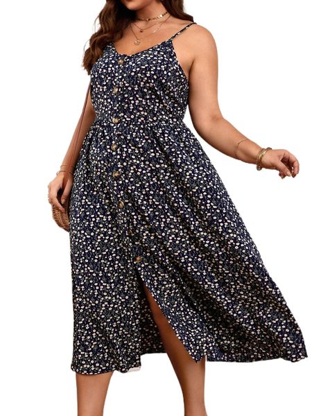 frenchy plus ditsy floral print button front cami dress j61o#, Black 
frenchy plus ditsy floral print button front cami dress j61o#, Black