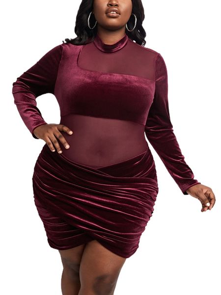 sxy plus mesh insert mock neck ruched tulip hem velvet bodycon dress n12u#, Black
sxy plus mesh insert mock neck ruched tulip hem velvet bodycon dress n12u#, Black