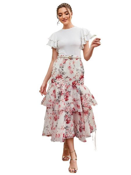 1pc floral print layered ruffle hem skirt without belt 77um#, Black
1pc floral print layered ruffle hem skirt without belt 77um#, Black