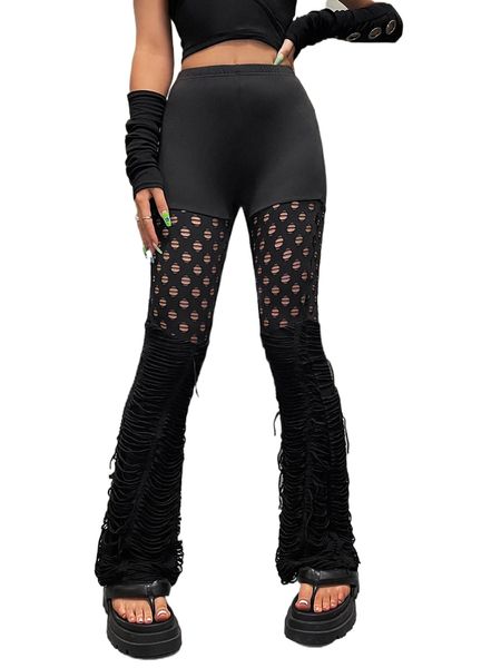 high waist hollow out ladder ripped boot-cut leg pants 55df#, Black;white