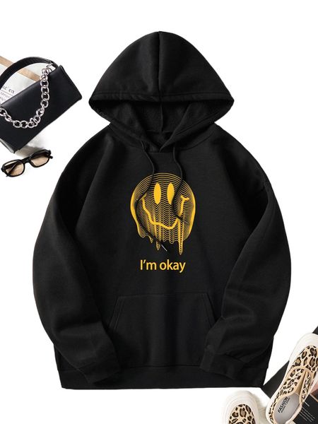 slogan & expression print kangaroo pocket drawstring thermal hoodie 446g#, Black