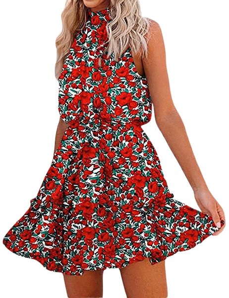 women's summer sleeveless halter backless floral print ruffle mini short dress z4er#, Black;gray
women's summer sleeveless halter backless floral print ruffle mini short dress z4er#, Black;gray