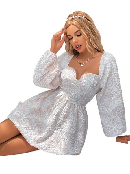 floral textured lantern sleeve dress k9pe#, Black;gray