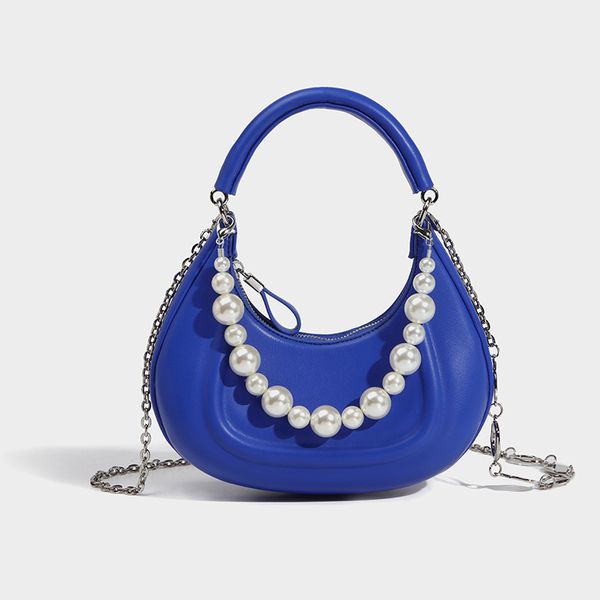 designer hobo half moon bag retro style vintage pure color klein blue handbag with luxury pearl and chain
designer hobo half moon bag retro style vintage pure color klein blue handbag with luxury pearl and chain