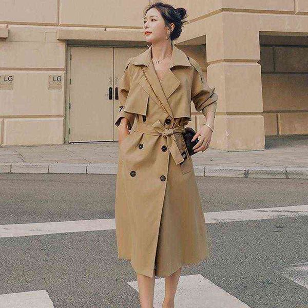 

women's trench coats autumn long coat double breasted casual belt khaki dress loose et epaulette fashion korean 2022 winter t220809, Tan;black