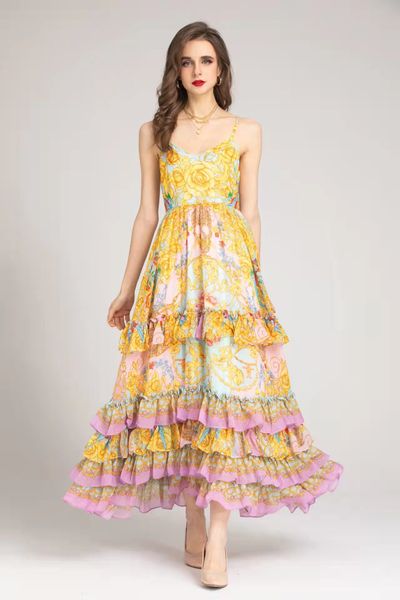 european station new dress vintage printing lotus leaf swing temperament suspender dress cake skirt, White;black
european station new dress vintage printing lotus leaf swing temperament suspender dress cake skirt, White;black