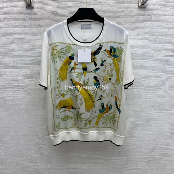 women's t-shirt exotic birds contend pattern printed silk stretch satin stitched thread knitted short sleeve t-shirt, White
women's t-shirt exotic birds contend pattern printed silk stretch satin stitched thread knitted short sleeve t-shirt, White