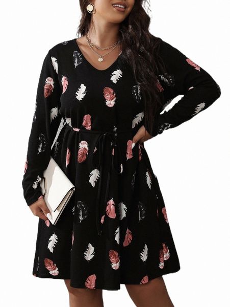 plus feather print belted dress e1it#, Black