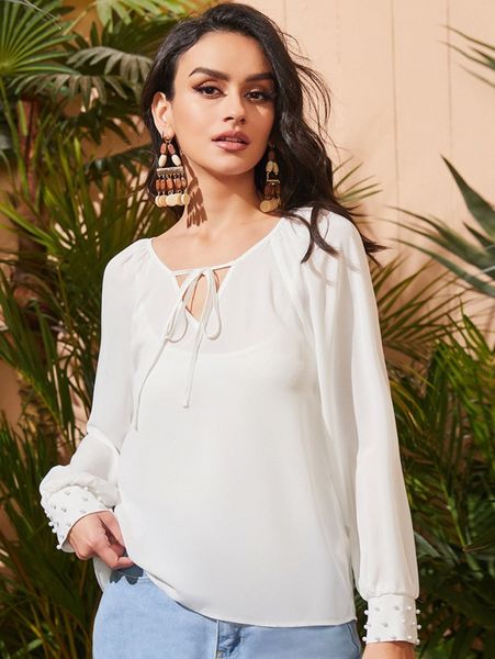 tie neck pearl beaded bishop sleeve blouse v8xg#, White 
tie neck pearl beaded bishop sleeve blouse v8xg#, White