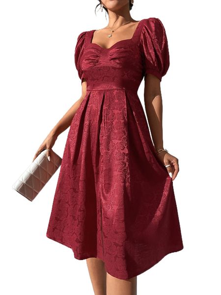 jacquard floral pattern sweetheart neck puff sleeve fold pleated dress f0to#, Black;gray
jacquard floral pattern sweetheart neck puff sleeve fold pleated dress f0to#, Black;gray