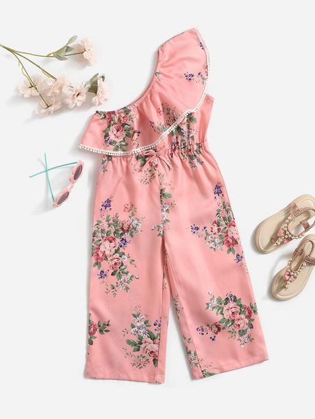 toddler girls one shoulder ruffle detail floral print jumpsuit she, Blue