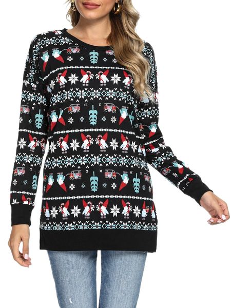 dearcase christmas print drop shoulder slit hem pullover 68o5#, Black 
dearcase christmas print drop shoulder slit hem pullover 68o5#, Black