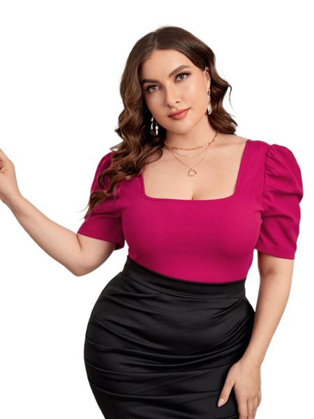 plus square neck puff sleeve tee n1ox#, Black