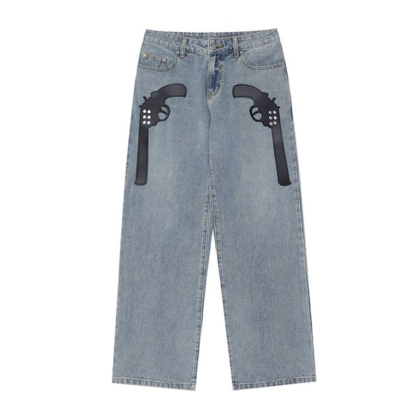 jeans embroidery denim pants men and women ripped straight washed casual oversize loose pants, Blue
jeans embroidery denim pants men and women ripped straight washed casual oversize loose pants, Blue