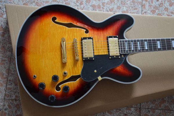 sunburst semi-hollow 335 jazz electric guitar a flame maple gold hardware
sunburst semi-hollow 335 jazz electric guitar a flame maple gold hardware