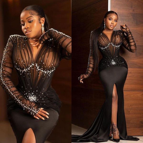 african black mermaid evening dresses for women 2022 sheer long sleeved prom gowns front slit beading customise party dress, Black;red
african black mermaid evening dresses for women 2022 sheer long sleeved prom gowns front slit beading customise party dress, Black;red