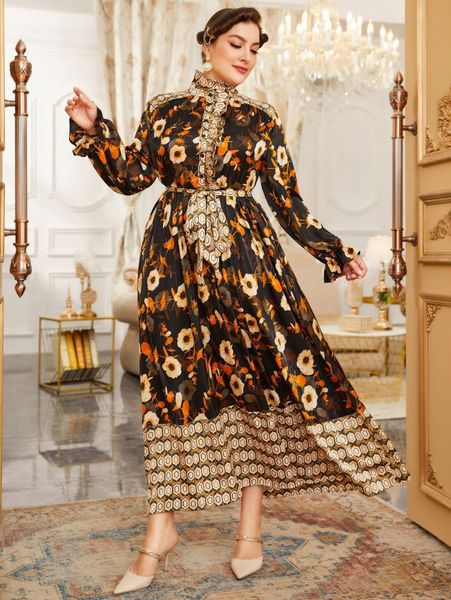 plus random geo & floral print flounce sleeve frill trim belted dress f06f#, Black 
plus random geo & floral print flounce sleeve frill trim belted dress f06f#, Black