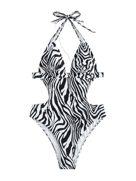 zebra stripe backless one piece swimsuit n60y#, White;black