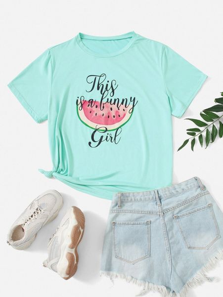 plus slogan & watermelon print tee l2w6#, Black
plus slogan & watermelon print tee l2w6#, Black