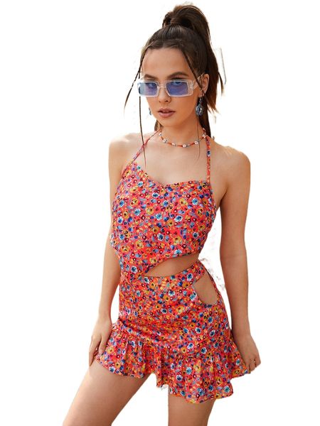 ditsy floral print tie backless halter & cut out ruffle hem skirt d9cn#, White