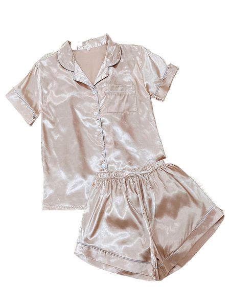 contrast piping satin blouse & shorts pj set l0xz#, Black;red