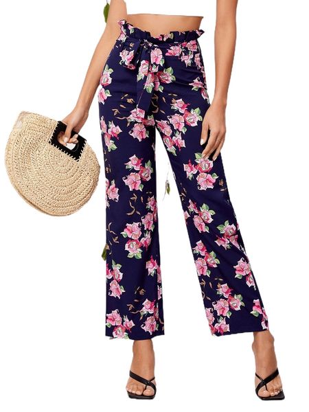 floral print frill trim belted straight leg pants r62q#, Black;white