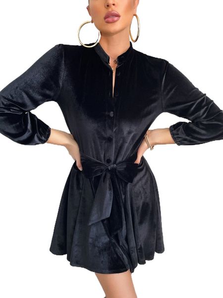 lantern sleeve belted velvet dress 50y5#, Black;gray 
lantern sleeve belted velvet dress 50y5#, Black;gray