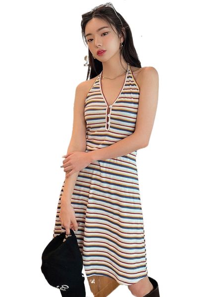 dazy colorful striped button front backless halter dress o66h#, Black;gray
dazy colorful striped button front backless halter dress o66h#, Black;gray