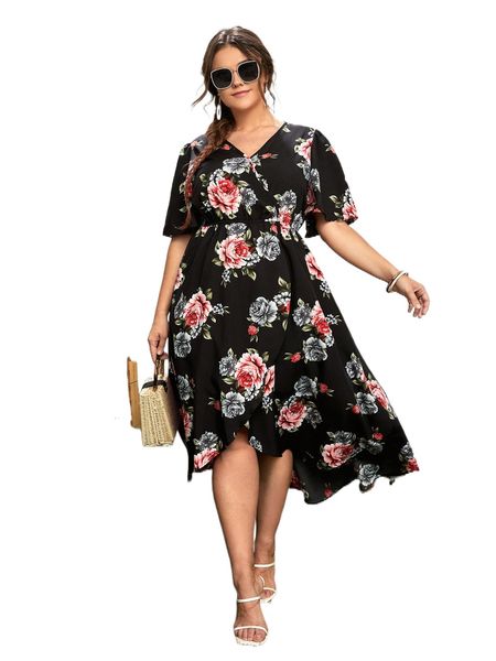 plus floral print wrap butterfly sleeve dress a8lj#, Black
plus floral print wrap butterfly sleeve dress a8lj#, Black