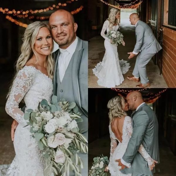 country lace mermiad wedding gowns long sleeves v neck backless floor length applique vestido de novia appliqued bridal gowns, White
country lace mermiad wedding gowns long sleeves v neck backless floor length applique vestido de novia appliqued bridal gowns, White