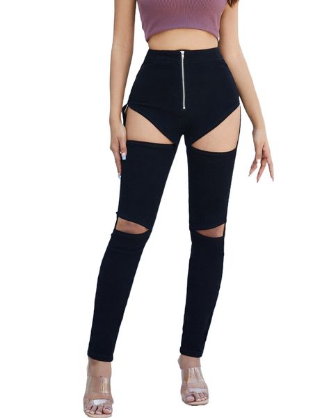 high waist zipper fly cut out skinny jeans e2lz#, Blue