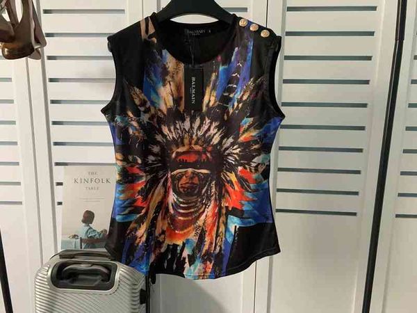 women's t-shirt spring and summer balman indian head sleeveless t-shirt women's one shoulder gold button arc hem 99is, White
women's t-shirt spring and summer balman indian head sleeveless t-shirt women's one shoulder gold button arc hem 99is, White