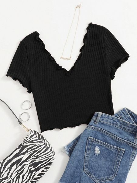 lettuce trim rib-knit crop tee 18xh#, White