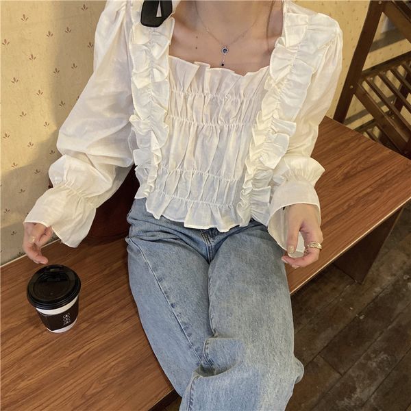 solid fresh thin pleated causal flare sleeve square neck long women spring basic loose blouses 210426, White
solid fresh thin pleated causal flare sleeve square neck long women spring basic loose blouses 210426, White
