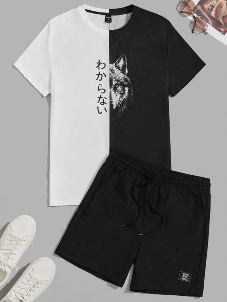 men drop shoulder letter & wolf pattern colorblock tee & drawstring waist track shorts d6gb#, Gray
men drop shoulder letter & wolf pattern colorblock tee & drawstring waist track shorts d6gb#, Gray