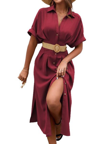 button through batwing roll up sleeve shirt dress without belt g3m4#, Black;gray
button through batwing roll up sleeve shirt dress without belt g3m4#, Black;gray