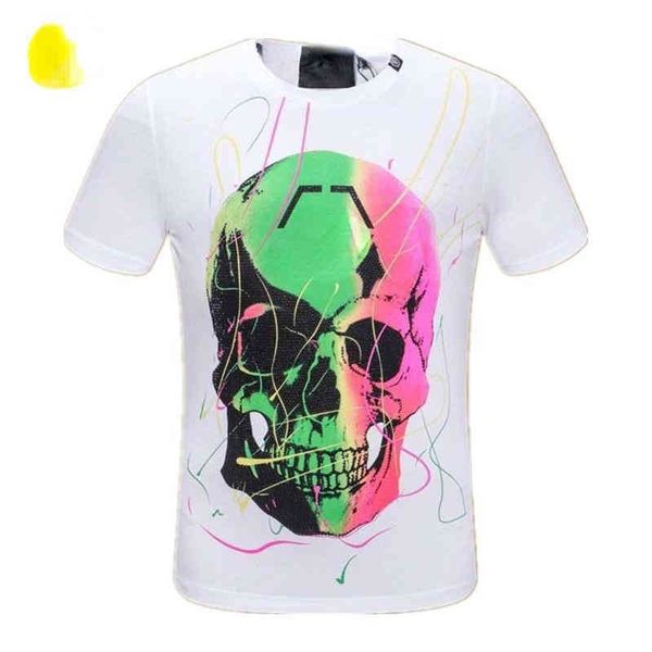 men's t shirt trendy brand pp diamond-studded color skull short-sleeved t-shirt fashion hip-hop loose cotton round neck tshirts, White;black 
men's t shirt trendy brand pp diamond-studded color skull short-sleeved t-shirt fashion hip-hop loose cotton round neck tshirts, White;black