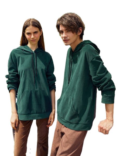 romwe 1pc drawstring corduroy hoodie p30q#, Black