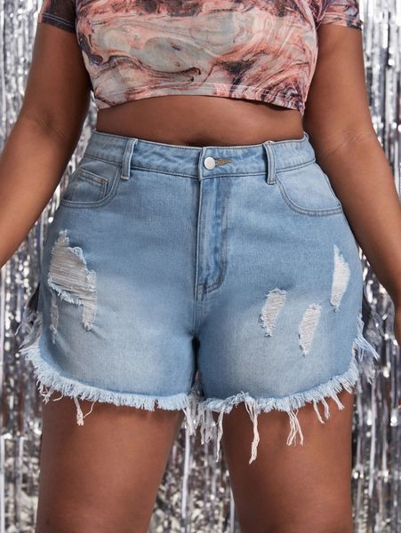 sxy plus ripped raw hem denim shorts v763#, White;black