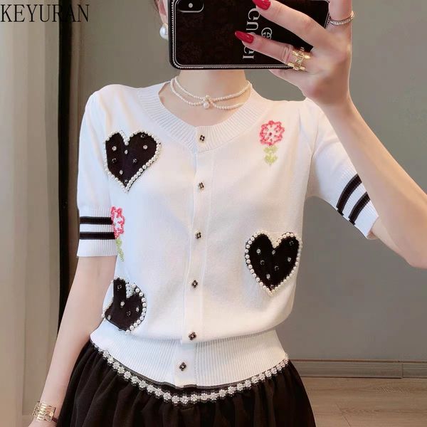 2022 summer knitted women cardigan crop new short-sleeved round neck beaded love flower slim striped knitwear woman sweaters, White;black
2022 summer knitted women cardigan crop new short-sleeved round neck beaded love flower slim striped knitwear woman sweaters, White;black