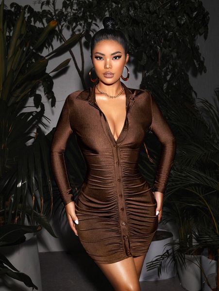 button front ruched bodycon dress l4oa#, Black;gray