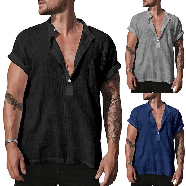 men s casual cotton linen shirts summer short sleeve v neck collar handsome men 220617, White;black
men s casual cotton linen shirts summer short sleeve v neck collar handsome men 220617, White;black