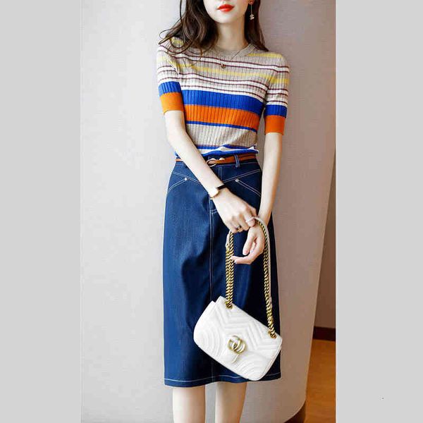women's polos 2022 summer celebrities light luxury small fragrance rainbow stripe knitted bottomed shirt short sleeve thin ice silk xtk, White
women's polos 2022 summer celebrities light luxury small fragrance rainbow stripe knitted bottomed shirt short sleeve thin ice silk xtk, White