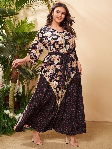 plus floral print belted dress v3rj#, Black