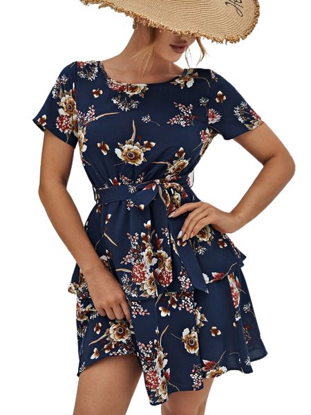 self belted layered hem tie back floral dress 879v#, Black;gray
self belted layered hem tie back floral dress 879v#, Black;gray