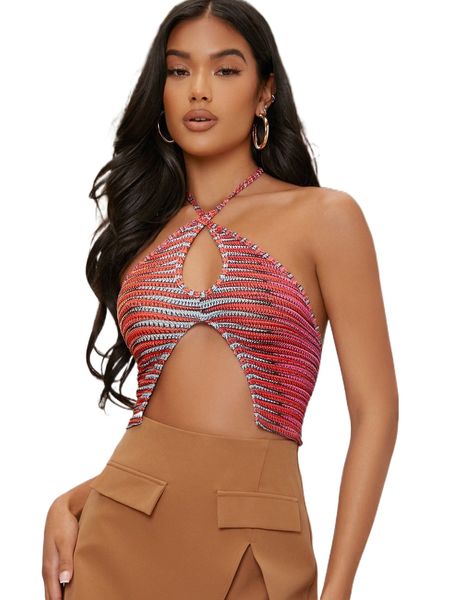 halter neck graphic cut out tie back crop 95nq#, White