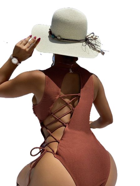 textured lace up back one piece swimsuit a1s7#, White;black