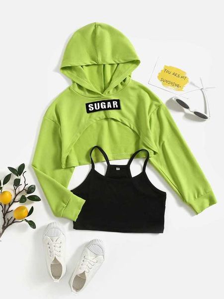 girls cami & letter graphic high low hoodie she, White
girls cami & letter graphic high low hoodie she, White