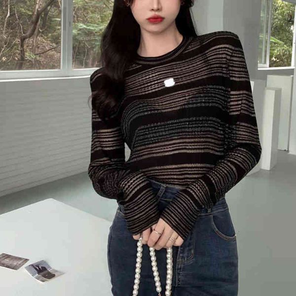 women's knits & tees designer c home 22 spring and summer new small fragrance mesh slightly transparent stripe long sleeved knitted bot, White