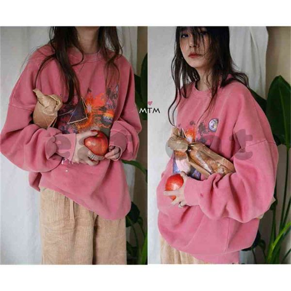 pink planet special dedication wonderful printed sweater korean retro soft girl college loose long sleeved, Black